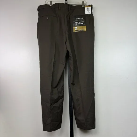 NWT Haggar Brown 38W X 29L Plain Front Comfort Waist Band Trouser Pant